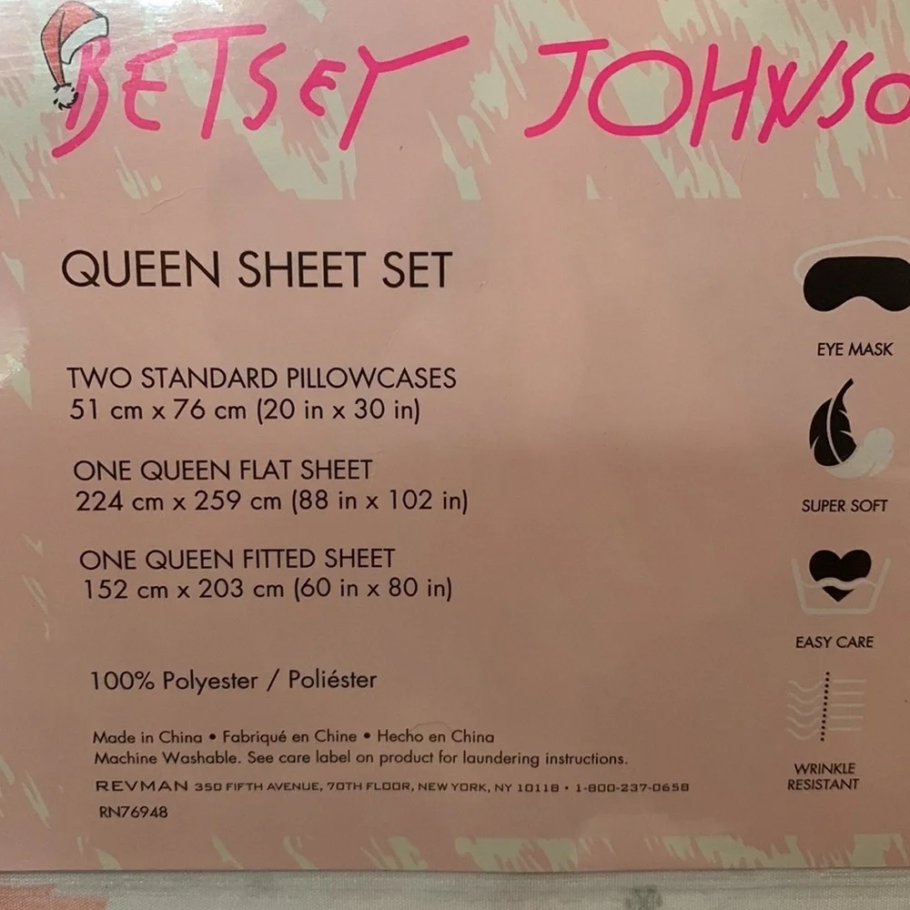 Betsey Johnson Christmas Sheets Set Pink Tree with Bow + sleep mask NEW Queen